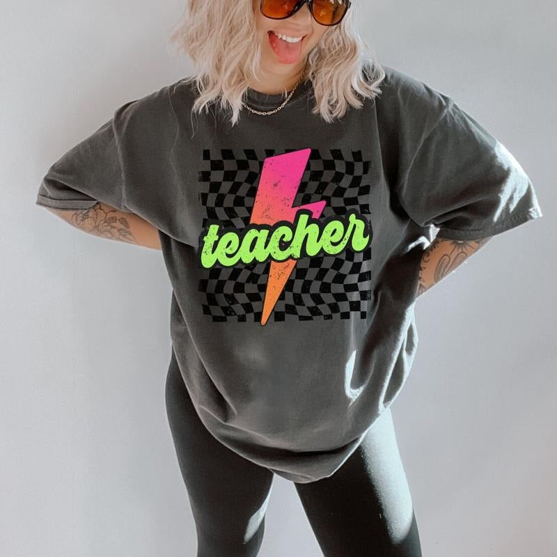 Neon Teacher Shirt, Retro Checkered Teacher Shirt, Lightning Bolt, New Teacher Gift, Back to School, Teacher...
