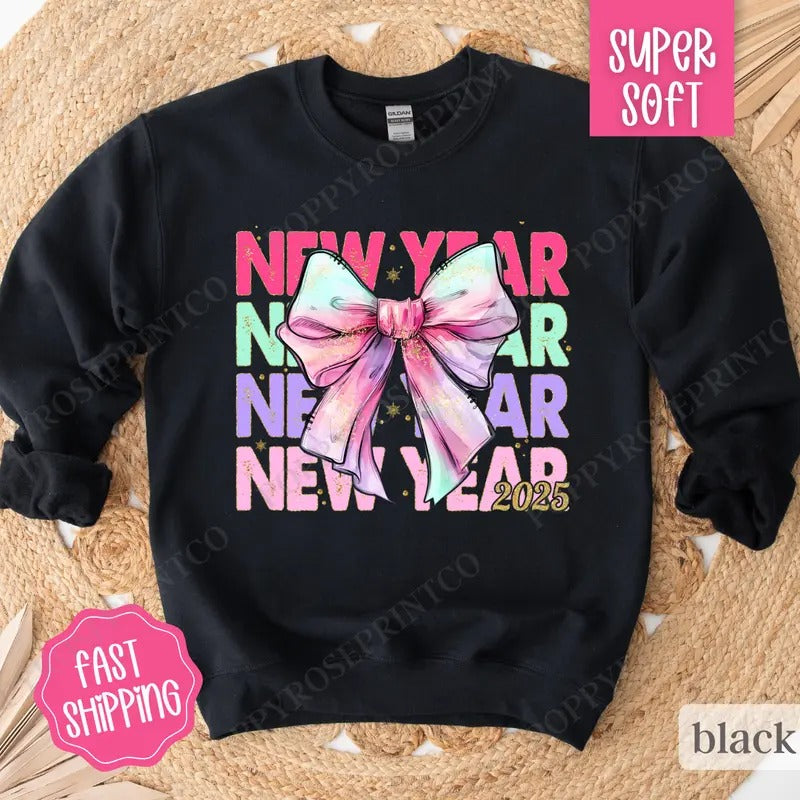 New Year Bow Sweatshirt, NYE 2025 Crewneck,  Happy New Year Sweater T-Shirts, Hoodie | PureTeeCo.com