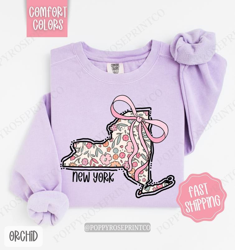 New York Floral Comfort Colors Sweatshirt, New York Sweatshirt, Cute Bow New York Sweatshirt T-Shirts, Hoodie | PureTeeCo.com