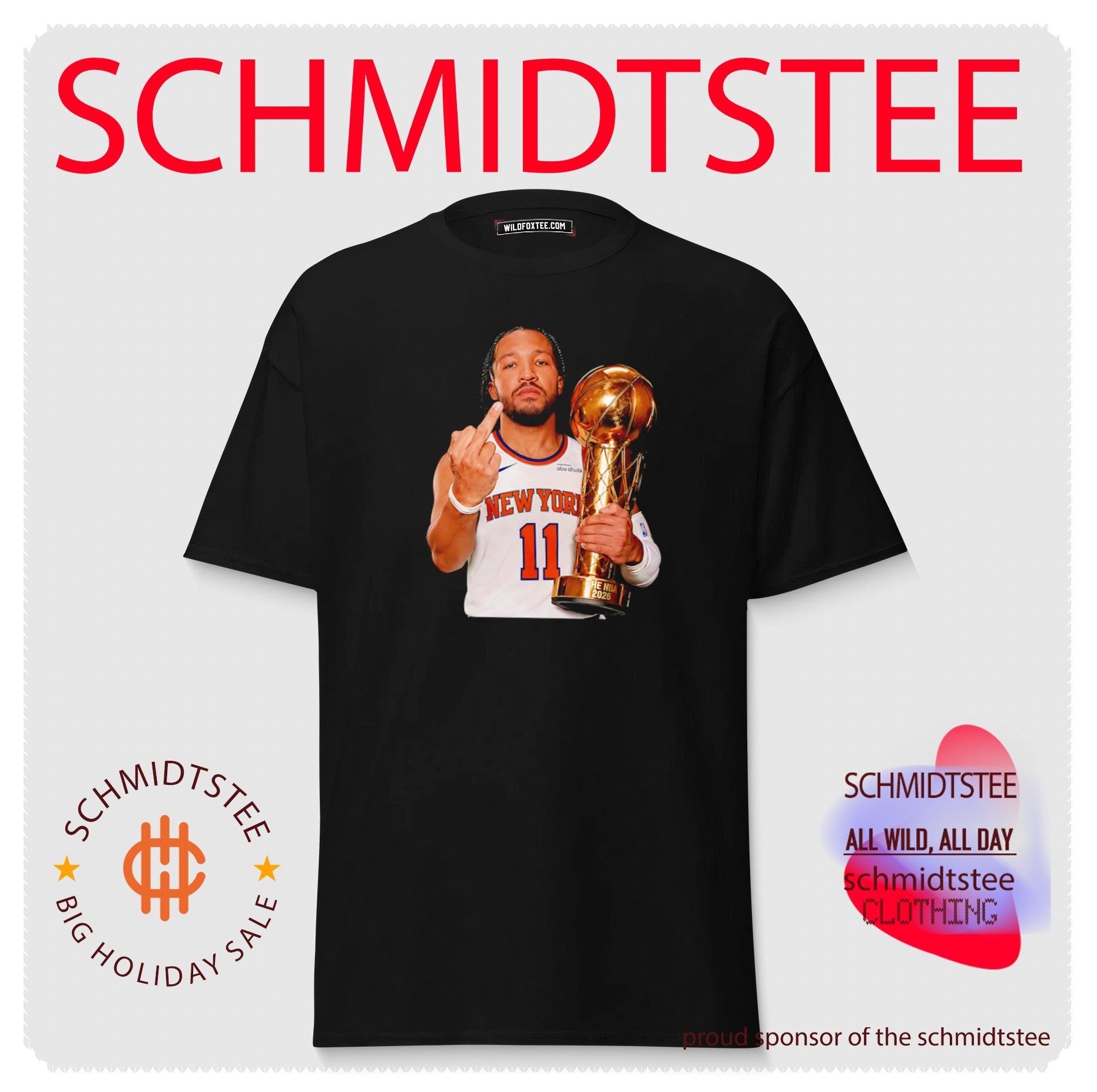 New York Knicks Jalen Brunson holding trophy middle finger shirt