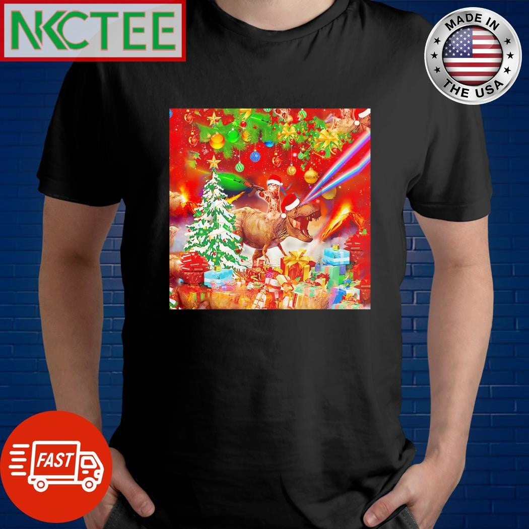 Nice Cat gun dinosaur Santa hat Christmas shirt