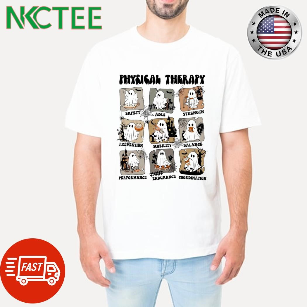 Nice Physical Therapy Pt Ghosts safety adls strength prevention mobility balance Spider web bats Halloween shirt