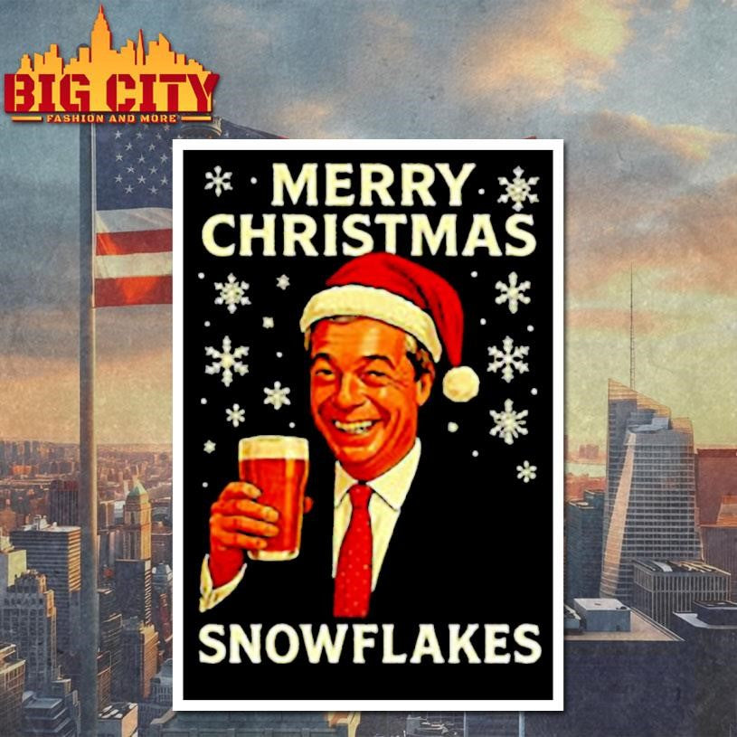 Nigel Farage raises his glass reform merry Christmas snowflakes caricature shirt