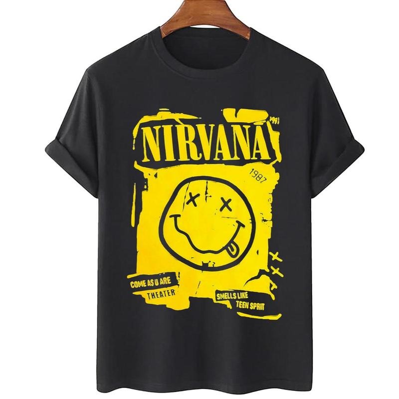 Nirv4na Yellow Iconic Smiley Face T-Shirt, Kurt C0bain Shirt, Grunge Band Tee, 90s Festival Clothes, American Rock Band,...
