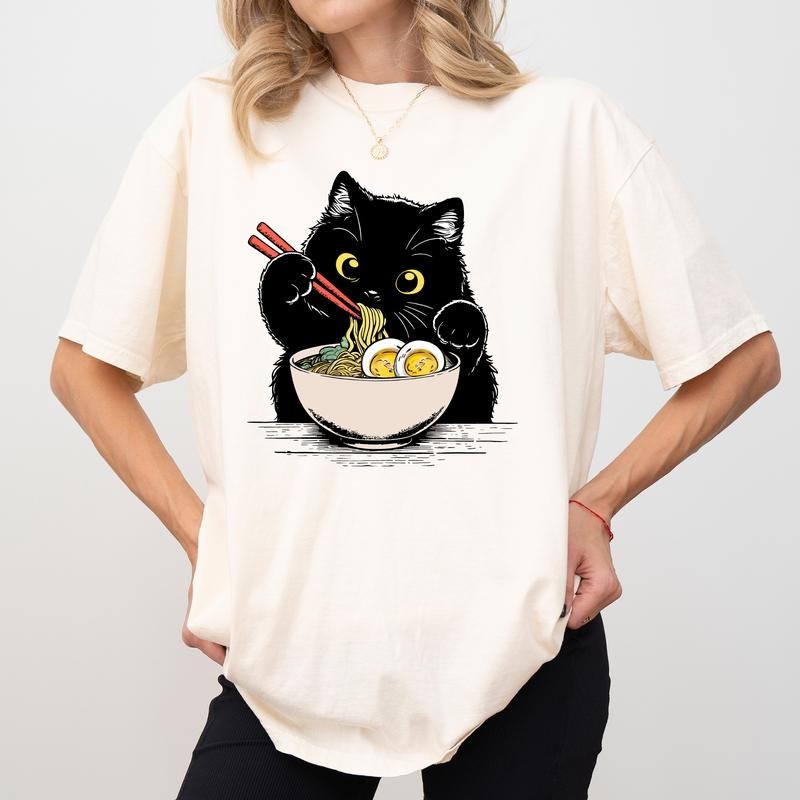Noodle Cat Comfort Colors Shirt, Cute Black Cat With Ramen Graphic Tee, Cat Lover Unisex Unhinged Tees, Anime Lover...