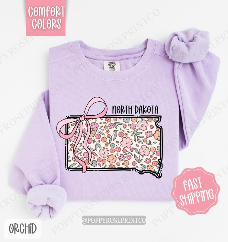 North Dakota Floral Comfort Colors Sweatshirt, North Dakota Sweatshirt, Cute Bow North Dakota Sweatshirt T-Shirts, Hoodie