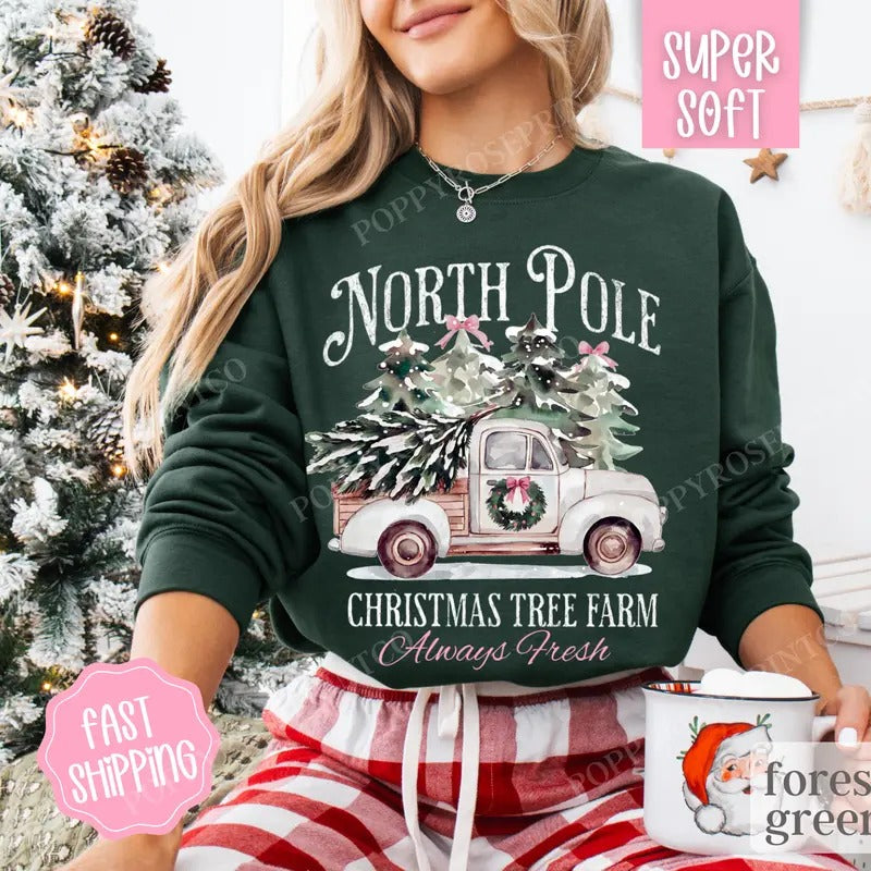 North Pole Christmas Tree Farm Sweatshirt, Christmas Sweater, Women's Holiday Crewneck T-Shirts, Hoodie | PureTeeCo.com