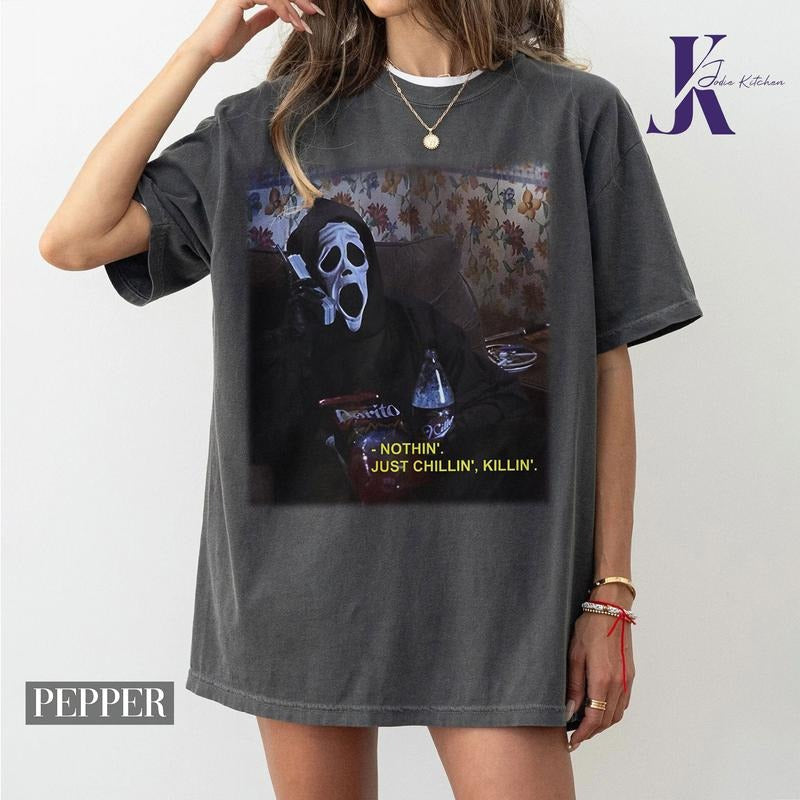 Nothin' Just Chillin' Killin' Shirt, Ghostface Shirt, Funny Halloween Shirt, Scream Shirt, Shirt, Halloween Gift Shirt,...