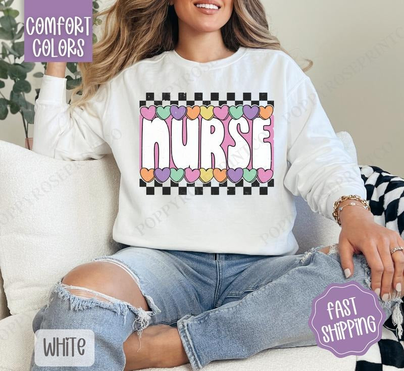 Nurse Candy Hearts Comfort Colors Sweatshirt, RN Crewneck, Valentine Women's Sweater T-Shirts, Hoodie | PureTeeCo.com