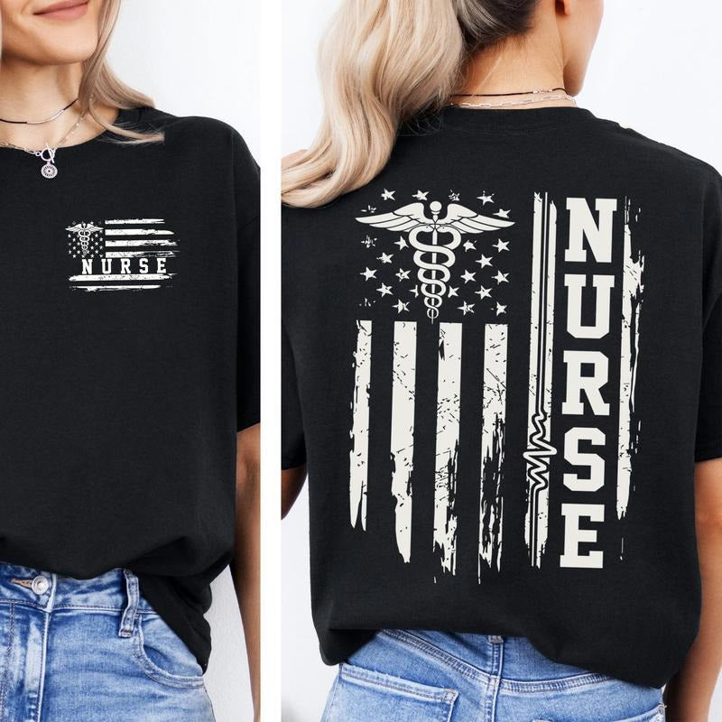 Nurse Flag T-shirt, American Flag Nurse Shirt, Nursse Appreciation Gift, Full-Color Casual Womenswear Top, Perfect Gift,...