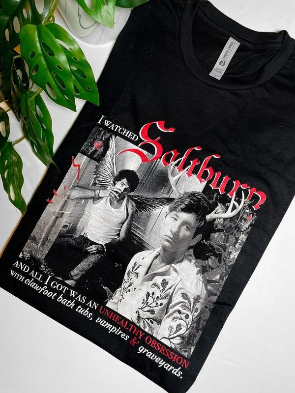 Obsessed With Saltburn Fan shirt, white and red ink, unisex shirt. Hoodie, Sweatshirt | PureTeeCo.com