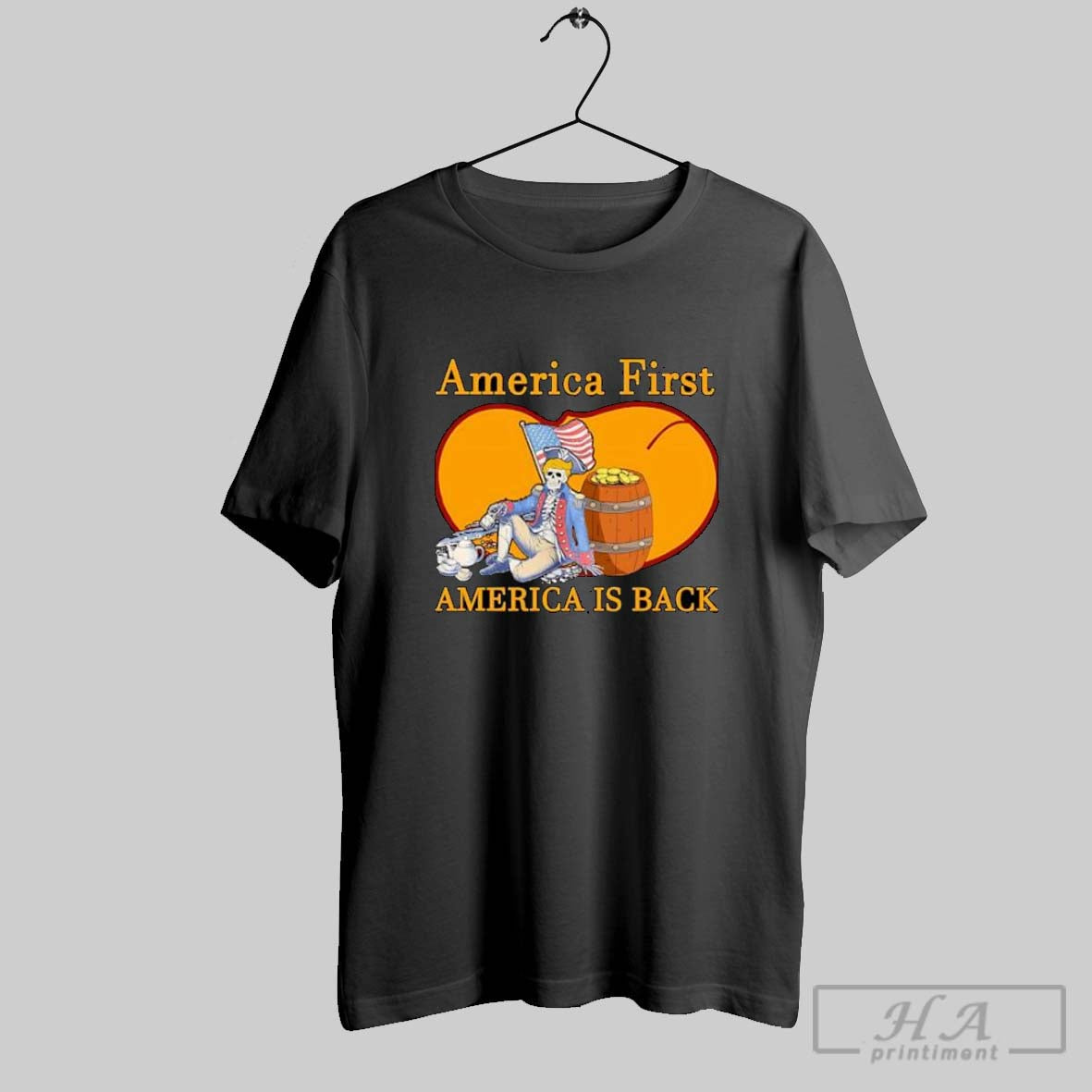 Official America First America Is Back Skeleton Patriot Sitting