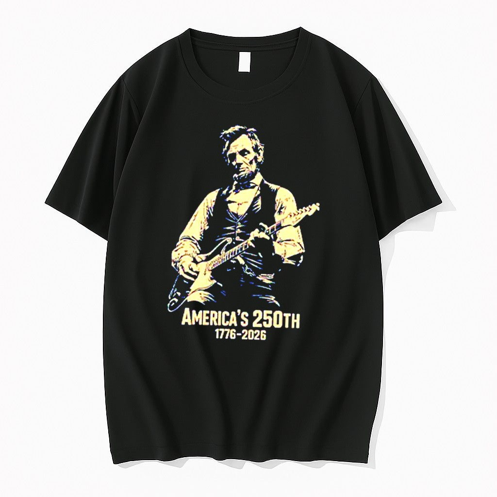 Official Americas 250th Anniversary Abraham Lincoln Guitar Patriotic Tee T Shirts