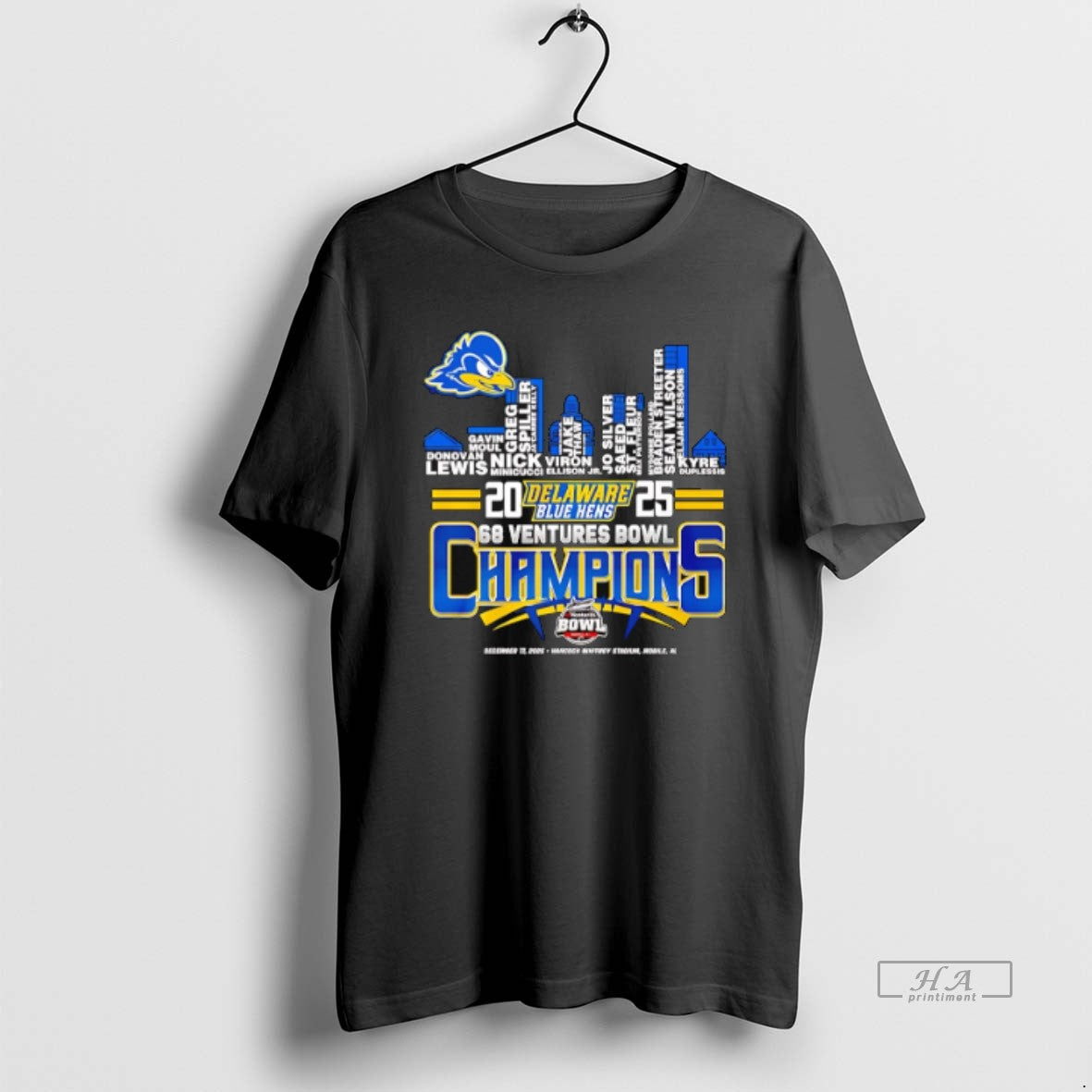 Official Delaware Blue Hens 2025 68 Ventures Bowl Champions Player Name Skyline T-Shirts, Hoodie, Sweatshirt | PureTeeCo.com