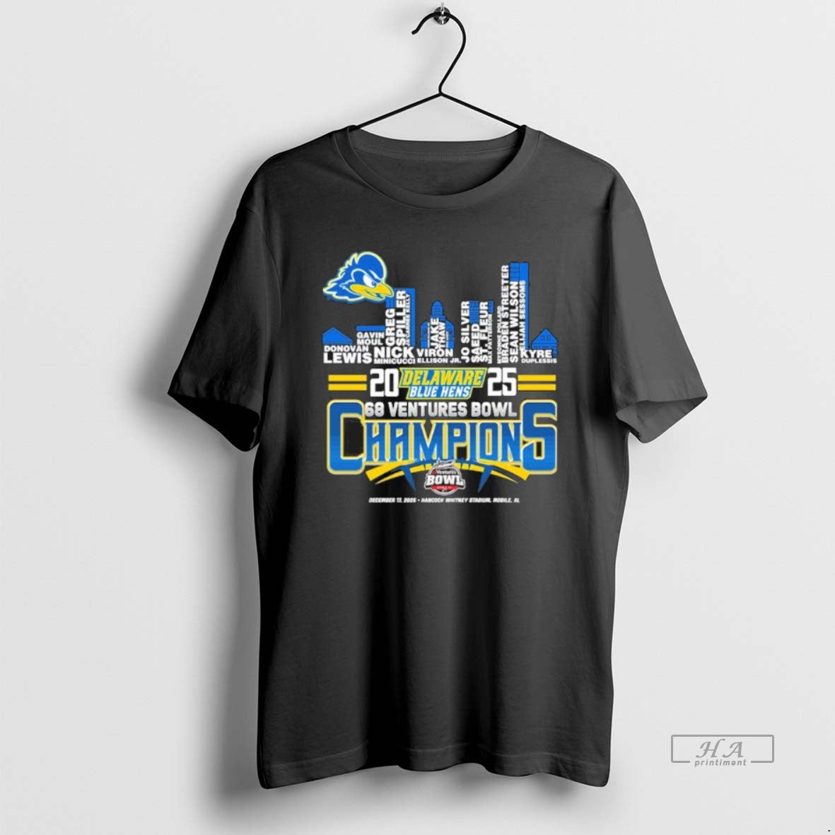 Official Delaware Blue Hens Skyline Players Name 2025 68 Ventures Bowl Champions T-Shirts, Hoodie, Sweatshirt | PureTeeCo.com