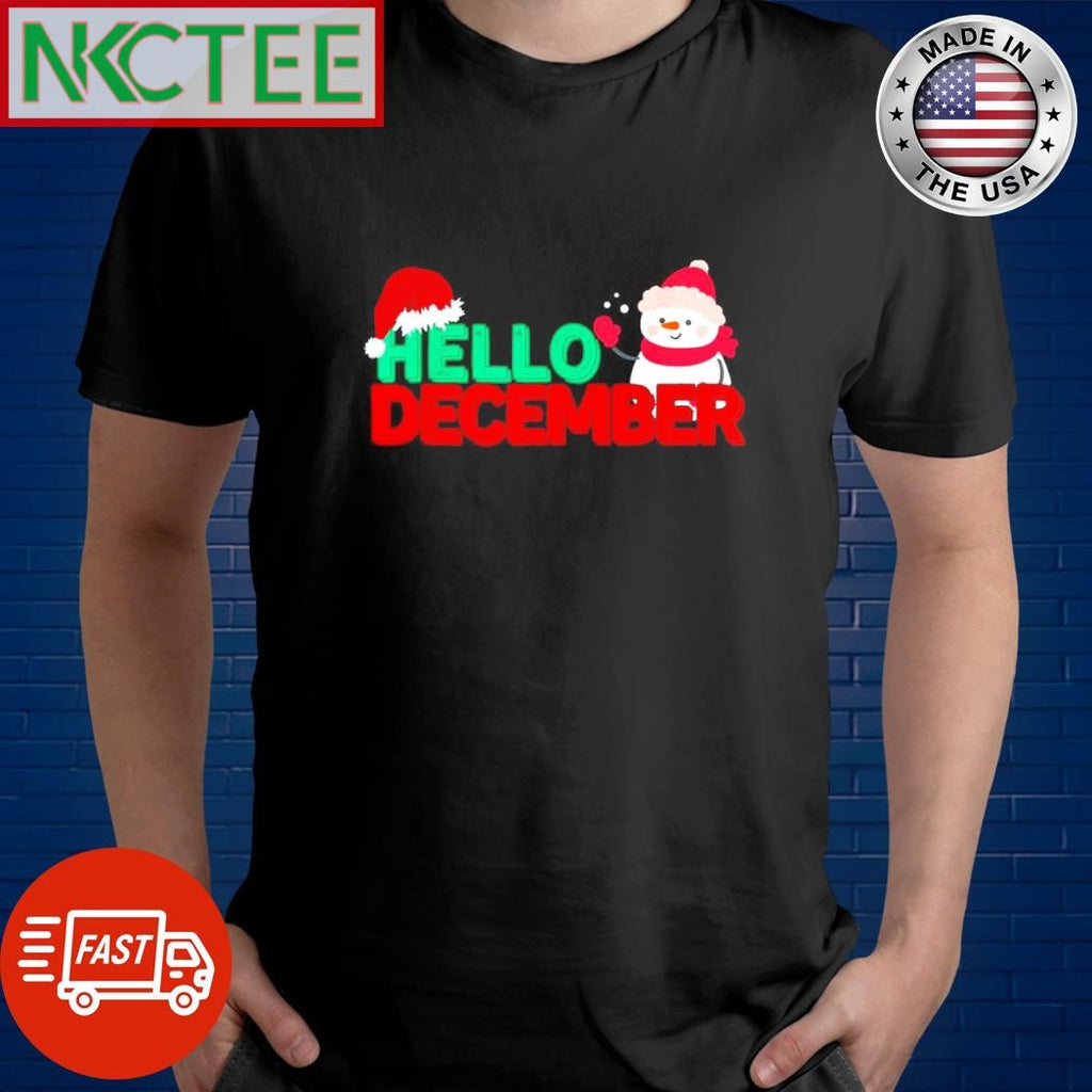 Official Hello December Snowman wear Santa hat Christmas shirt