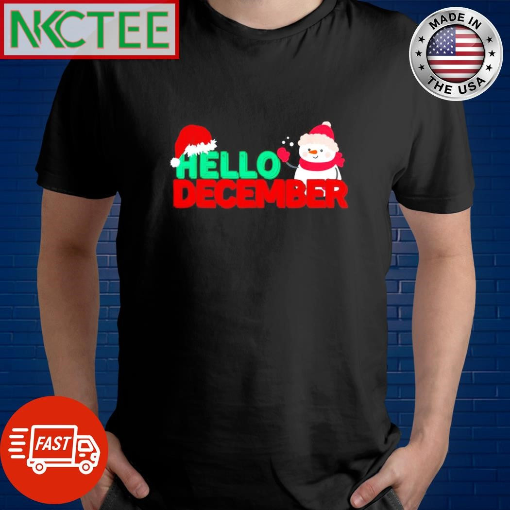 Official Hello December Snowman wear Santa hat Christmas shirt