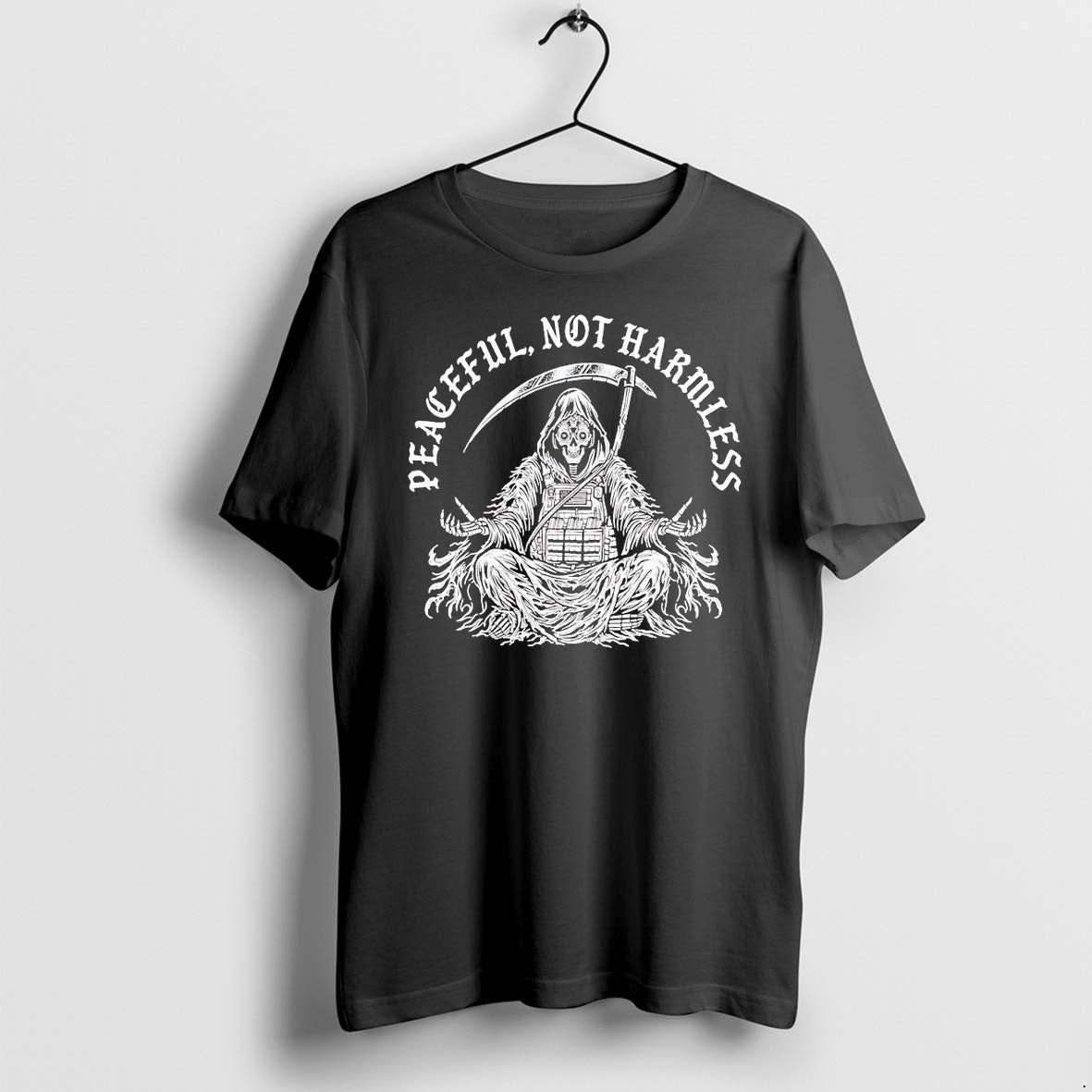 Official Peaceful Not Harmless Meditating Tactical Grim Reaper T Shirts Jpg