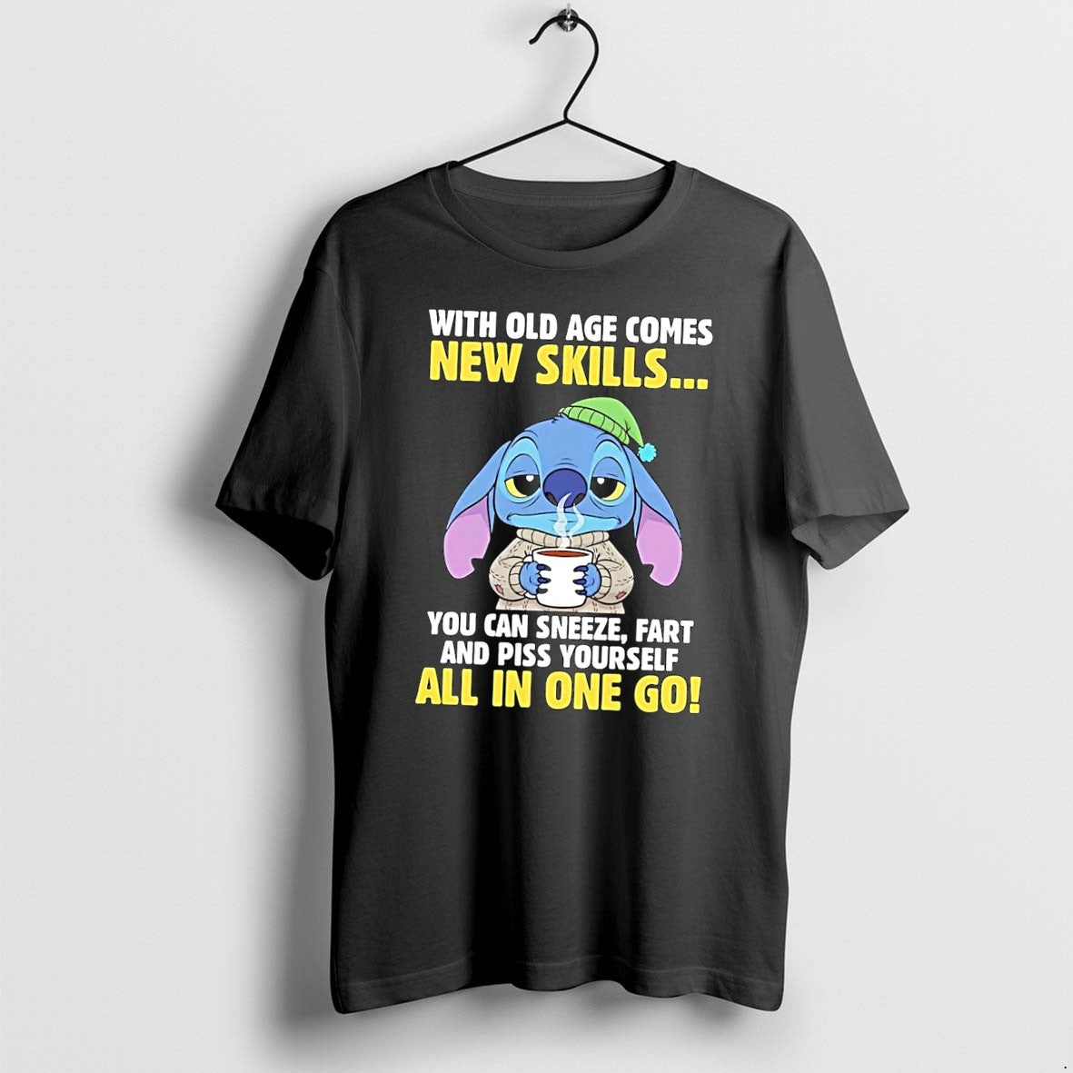 Official Stitch Old Age New Skills Sneeze Fart Piss Yourself Funny 2026 Black T Shirts