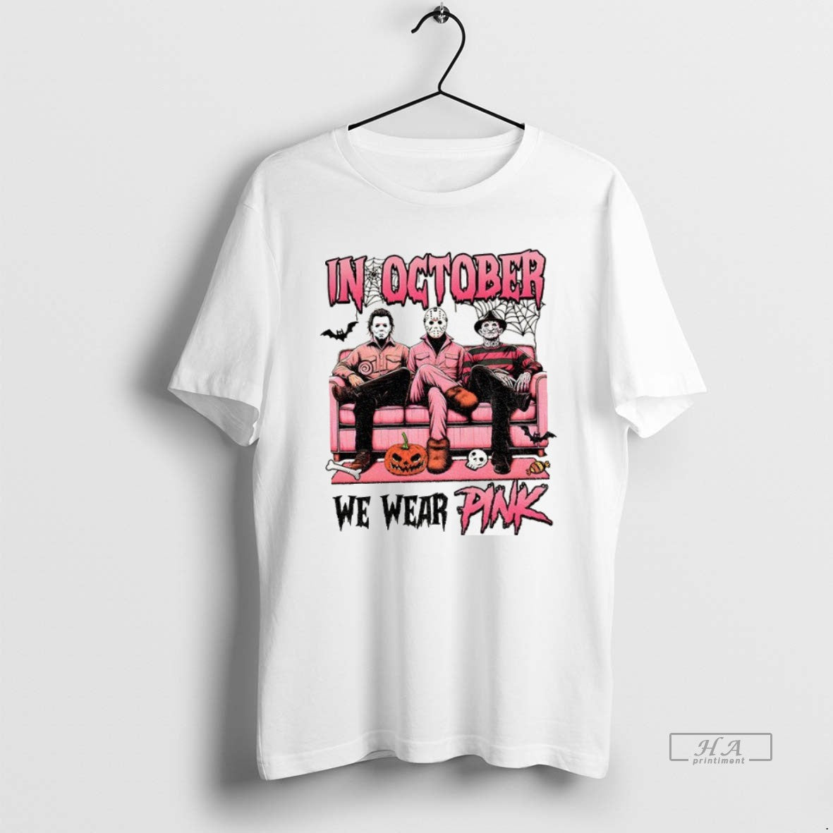Official Trendy Michael Myers Jason Voorhees Freddy Krueger Spooky Season In October We Wear Pink