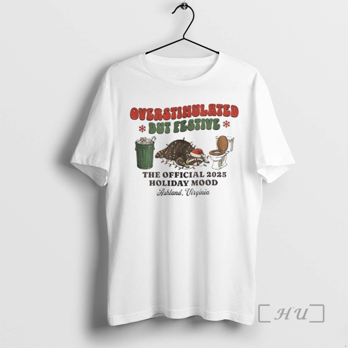 Officials Overstimulated But Festive Raccoon Trash Panda Holiday Hangover 2025 Christmas Mood Premium T Shirts Hoodie,...