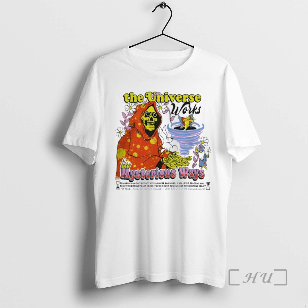 Officials Skeleton The Universe Works In Mysterious Ways Off White T-Shirts, Hoodie, Sweatshirt | PureTeeCo.com