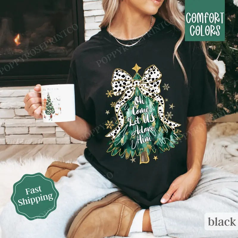 Oh Come Adore Him Shirt Comfort Colors, Religious Christmas Tee, Women's Holiday Tshirt Hoodie, Sweatshirt | PureTeeCo.com