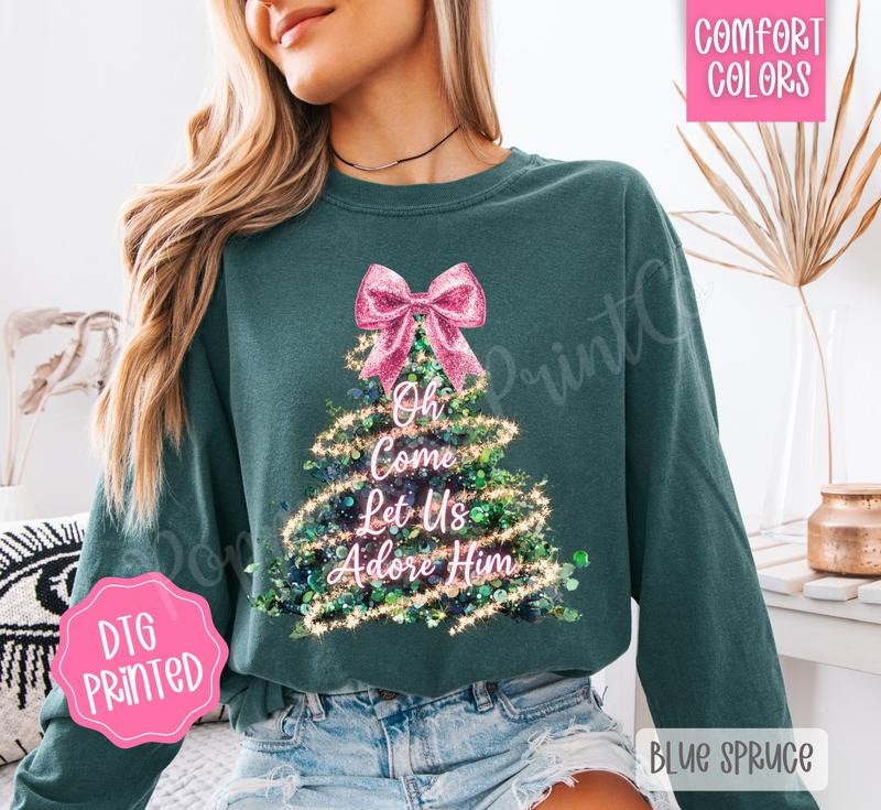 Oh Come Let Us Adore Him Pink Glitter Comfort Colors Long Sleeve T-Shirt, Cute Women's Christmas Tee Hoodie, Sweatshirt