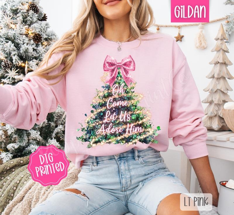 Oh Come Let Us Adore Him Pink Glitter Sweatshirt, Trendy Women's Christmas Crewneck T-Shirts, Hoodie | PureTeeCo.com