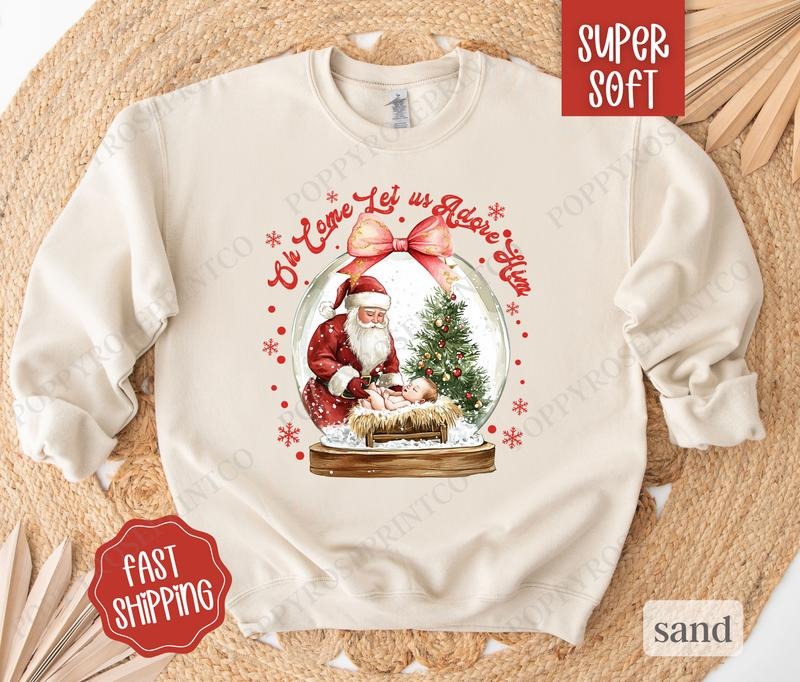 Oh Come Let Us Adore Him Sweatshirt, Christmas Sweater, Women's Holiday Crewneck T-Shirts, Hoodie | PureTeeCo.com