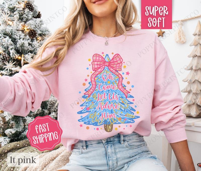 Oh Come Let Us Adore Him Sweatshirt, Christmas Sweater, Women's Holiday Crewneckstyle{n002}2 T-Shirts, Hoodie | PureTeeCo.com