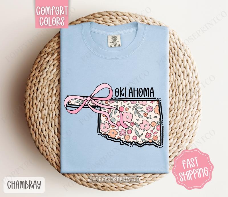 Oklahoma Floral Bow Comfort Colors T-shirt, Cute Trendy Tee, State Coquette Oversized Top Hoodie, Sweatshirt | PureTeeCo.com