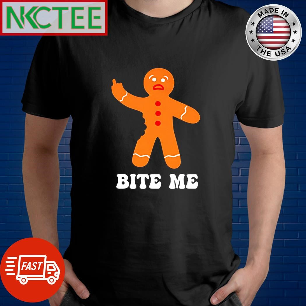 Original Bite Me Gingerbread Man one finger Christmas shirt