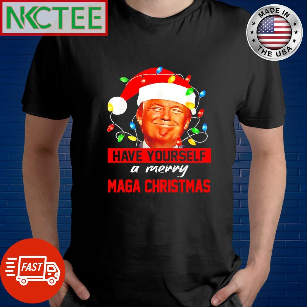 Original Have your self a merry MAGA Christmas lights Santa hat Donald Trump shirt