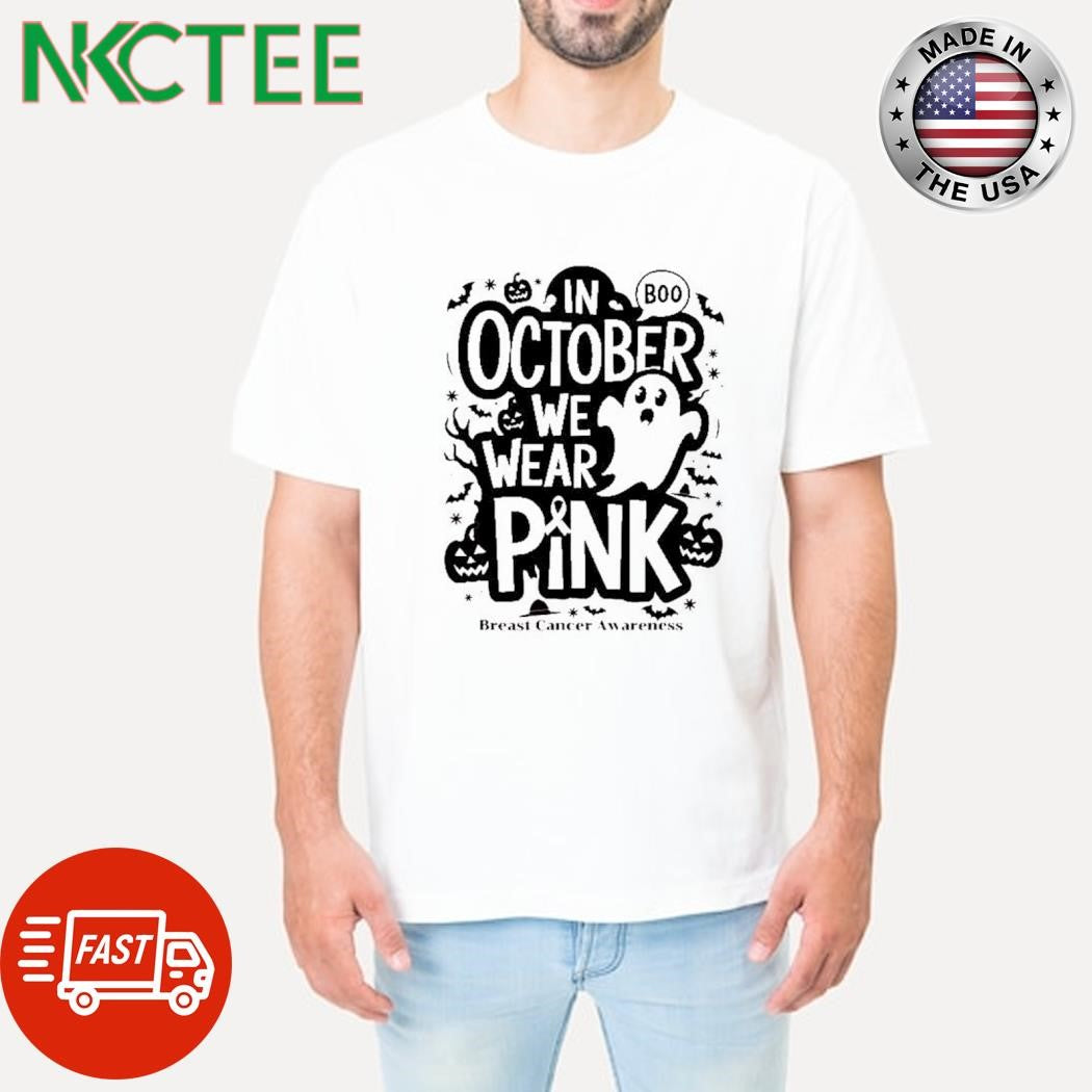 Original In october we wear ghost Halloween breast cancer Awareness shirt