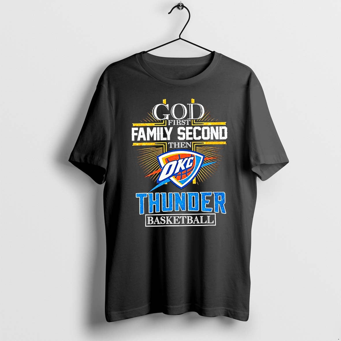 Original Oklahoma City Thunder God First Family Second The Thunder Baseball Tshirts