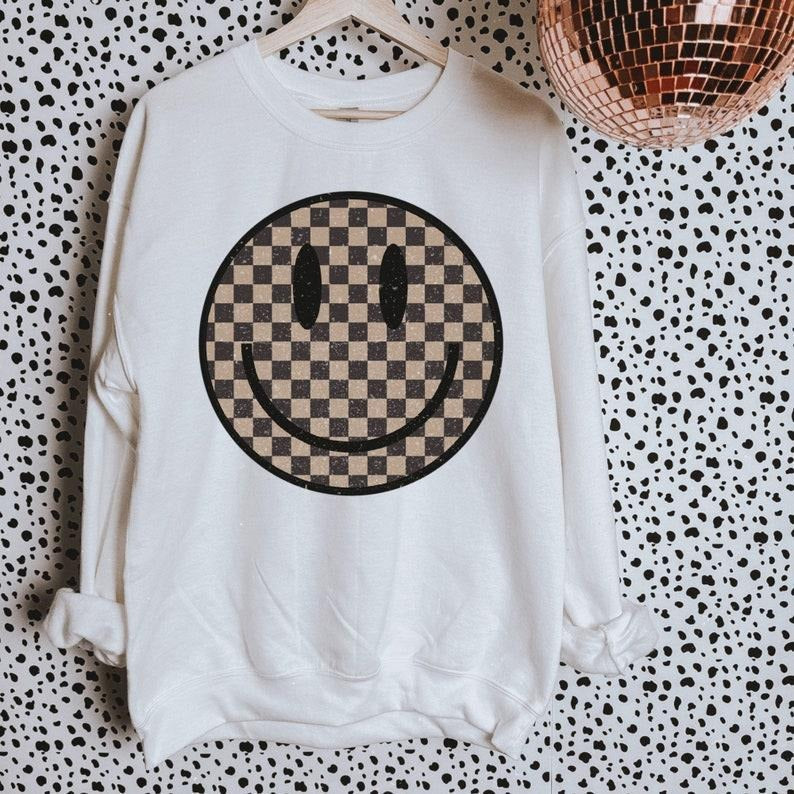 Oversized Smiling Face Sweatshirt | Plaid Checkered Crewneck | Be Happy Hoodie and Sweater; T-shirt Cotton Menswear...