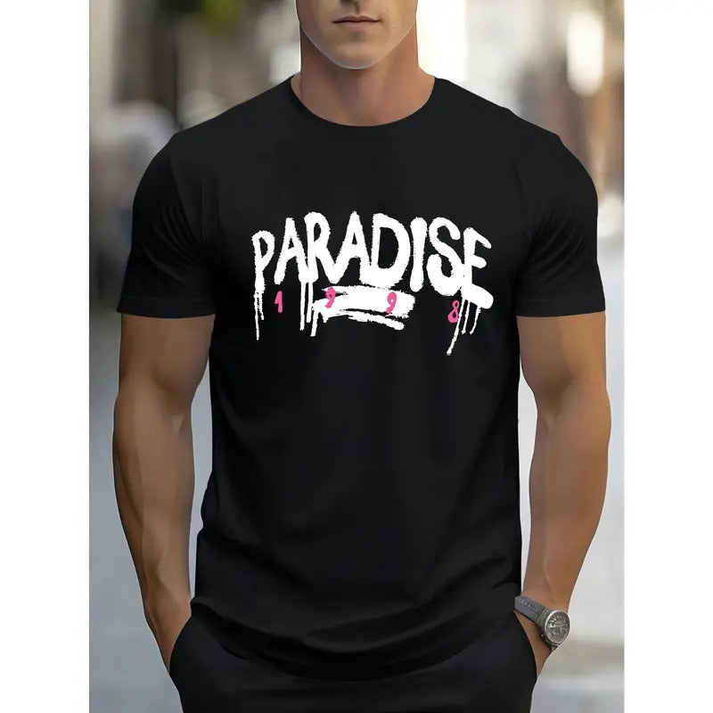 PARADISE Graphic T-Shirt for Men - Casual Sports Style, Geometric Pattern,  Knit Fabric, Round Neck, Regular Fit, Summer...