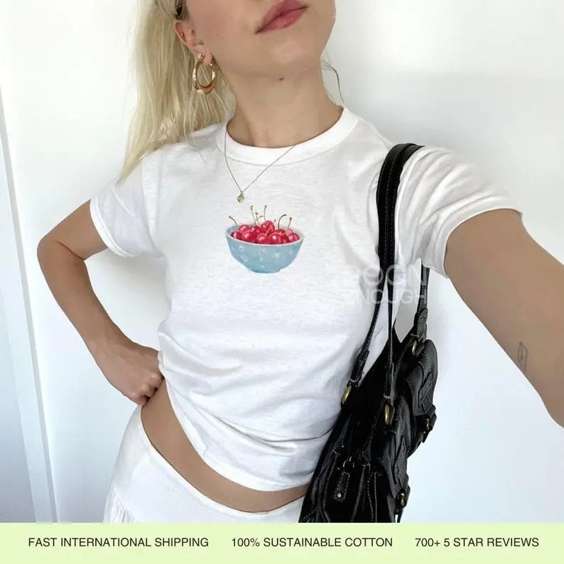 Painted Blue Bowl of Cherries 90s Baby Tee | Coquette Lightweight Unisex Cotton Fashion Streetwear Hoodie, Sweatshirt