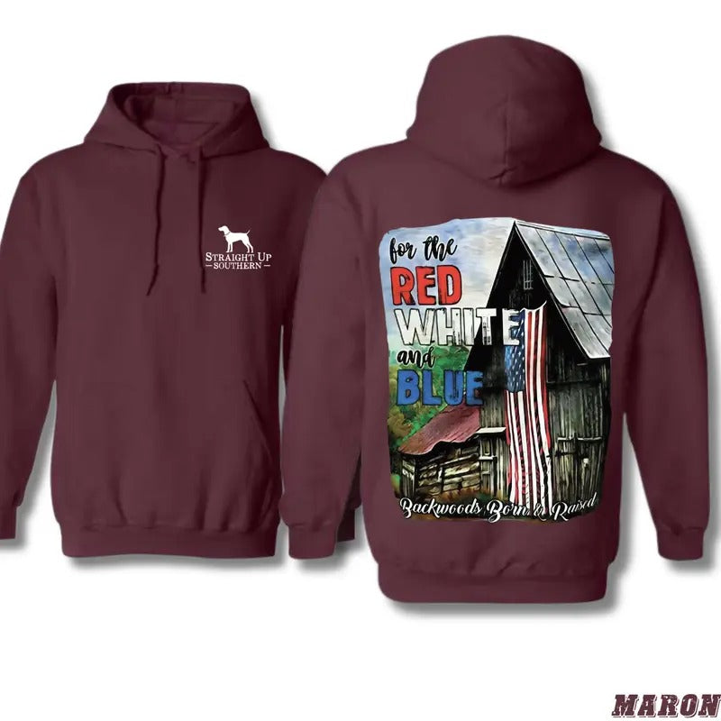 Patriotic Barn Hoodie - Red, White, and Blue Flag Graphic with Rustic Barn and Country Vibe, Perfect for Backwoods Born...