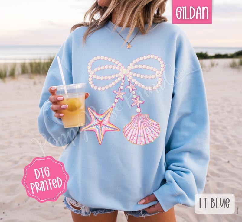Pearl Shell Bow Sweatshirt, Cute Summer Sweater, Girly Beach Crewneck T-Shirts, Hoodie | PureTeeCo.com