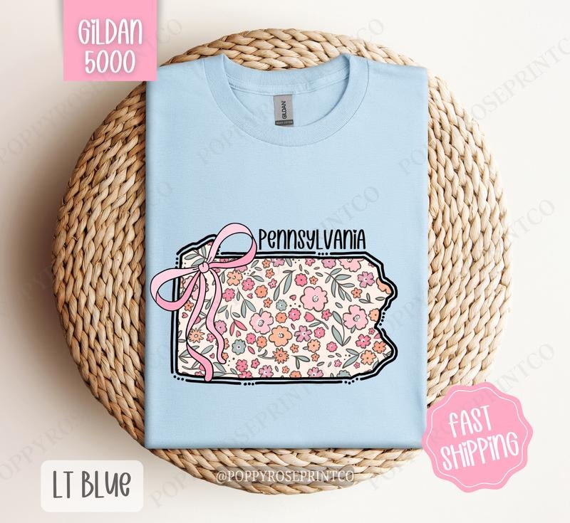 Pennsylvania Floral Bow Gildan T-shirt, Cute Trendy Tee, State Coquette Oversized Top Hoodie, Sweatshirt | PureTeeCo.com