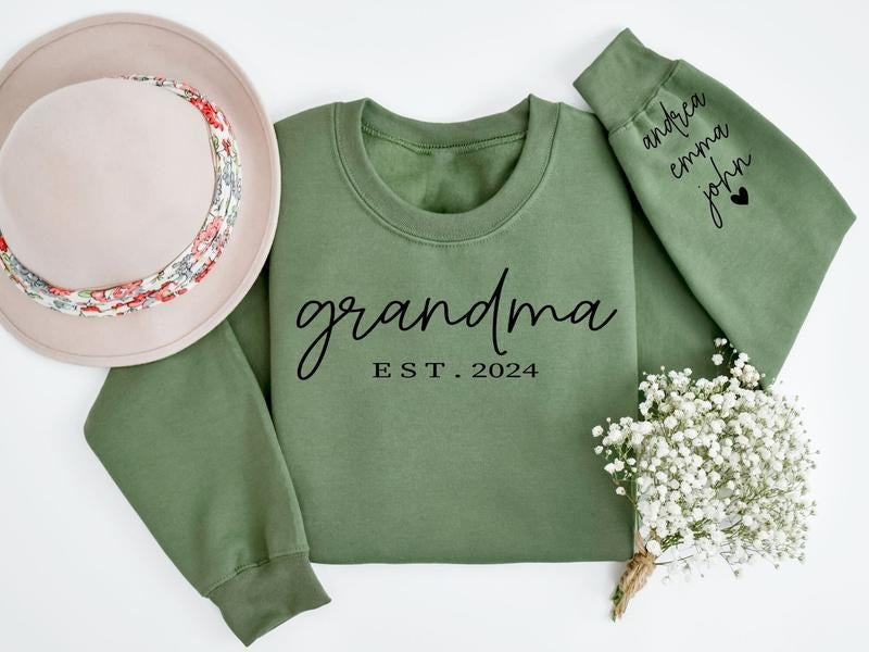 Personalized Grandma Sweatshirt with Grandkids Names on Sleeve, Custom Granny Sweater, Est Date Gramma Sweatshirt, Gift...