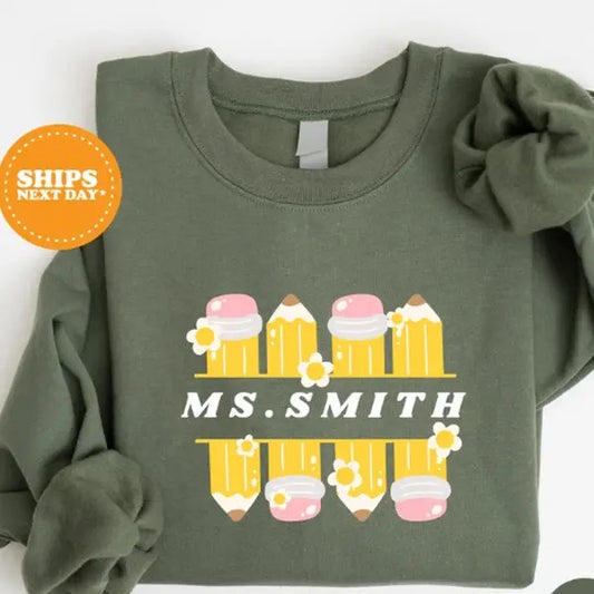 Personalized Teacher Sweatshirt, Retro Teacher Pencil Sweatshirt, Gift for Teacher, Mrs Custom Teacher