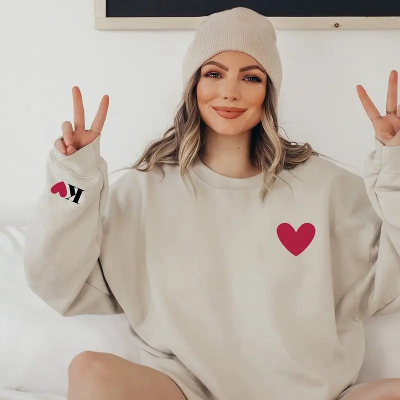 Personalized Valentines Sweatshirt for Women with Initial on Sleeve - Fabric, Cotton T-Shirts, Hoodie | PureTeeCo.com