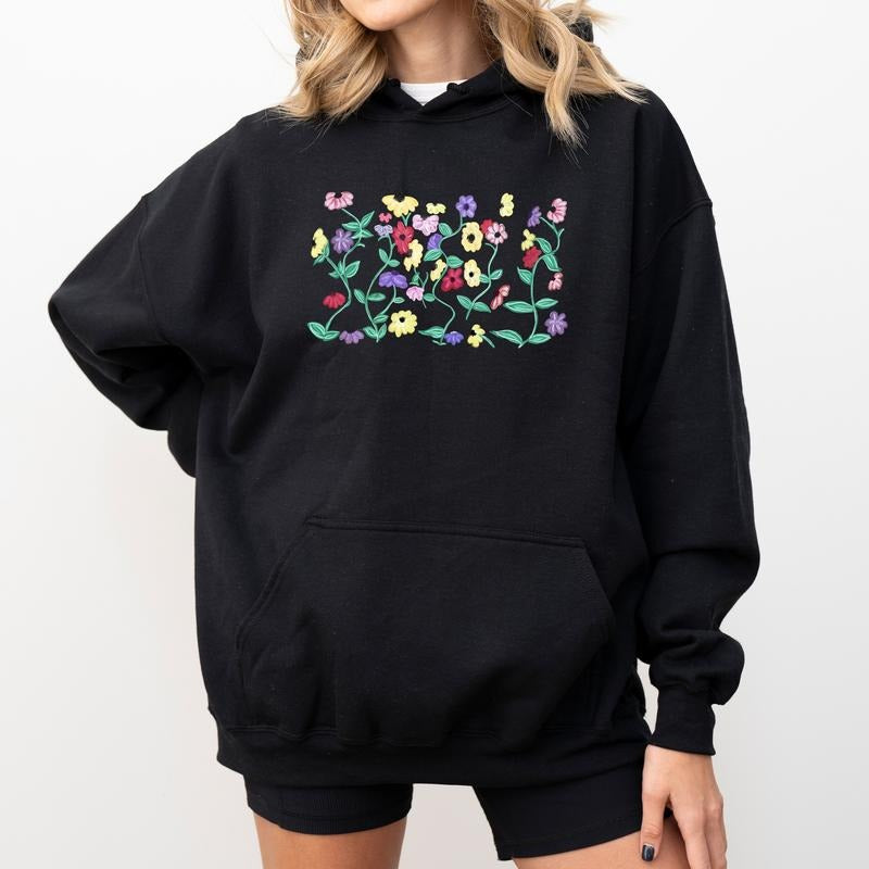 Piano Floral Hoodie, Eras Piano Flowers Graphic Hoodies, Watercolor Wildflowers Hoodie, Nature Lovers Women Outfits...