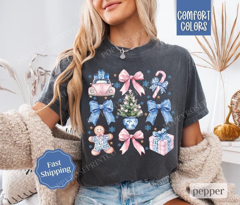 Pink & Blue Christmas Shirt Comfort Colors, Cute Xmas Tshirt, Women's Holiday Tee Hoodie, Sweatshirt | PureTeeCo.com