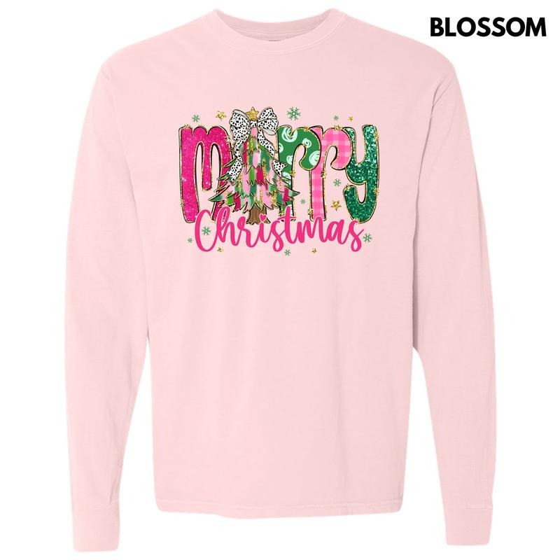 Pink & Green Merry Christmas Long Sleeve Comfort Colors T-Shirt 'NLB' Hoodie, Sweatshirt | PureTeeCo.com