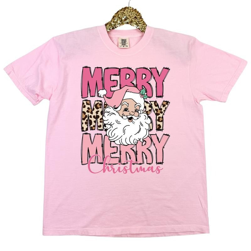 Pink Animal Print Merry Christmas Comfort Colors T-Shirt 'NLB' Hoodie, Sweatshirt | PureTeeCo.com