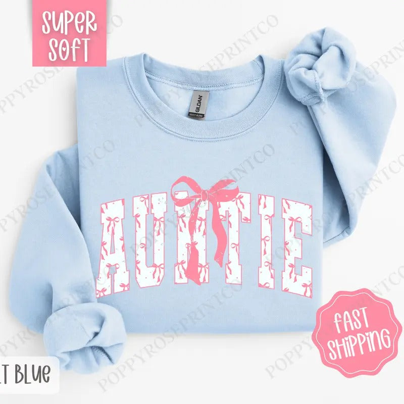 Pink Auntie Bow Sweatshirt, Women's Crewneck, Cute Women's Sweater T-Shirts, Hoodie | PureTeeCo.com
